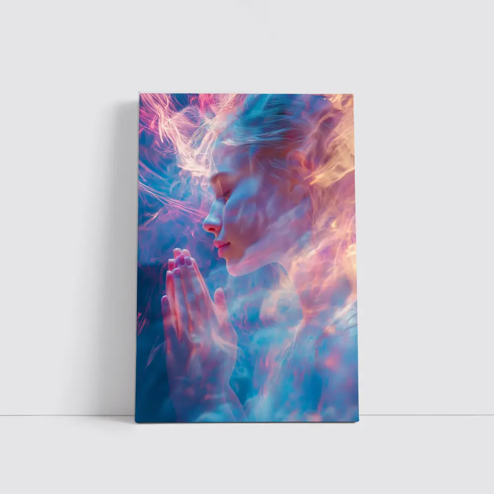 Woman Praying Soft Pink Blue Mystic Light – Wall Art