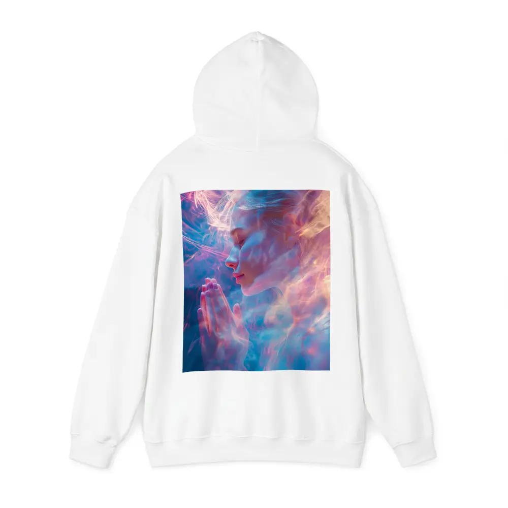 Woman Praying Soft Pink Blue Mystic Light – Hoodies