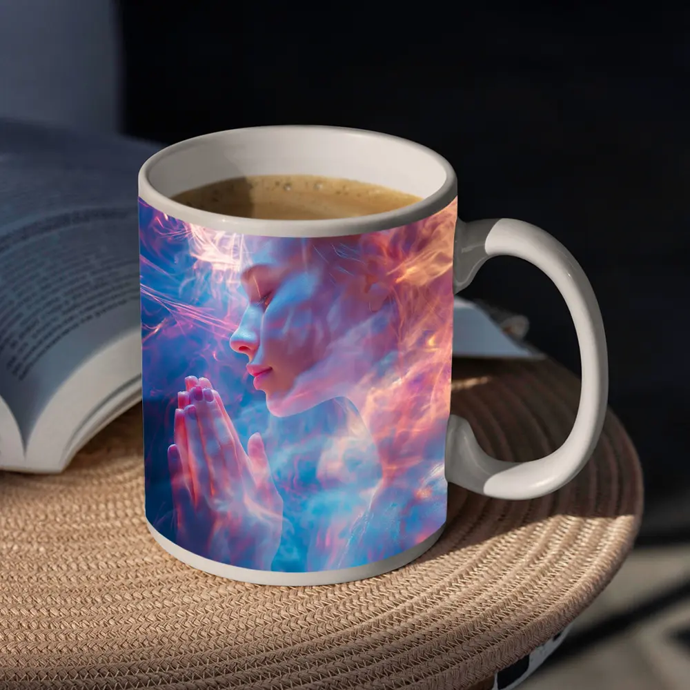 Woman Praying Soft Pink Blue Mystic Light – Mugs