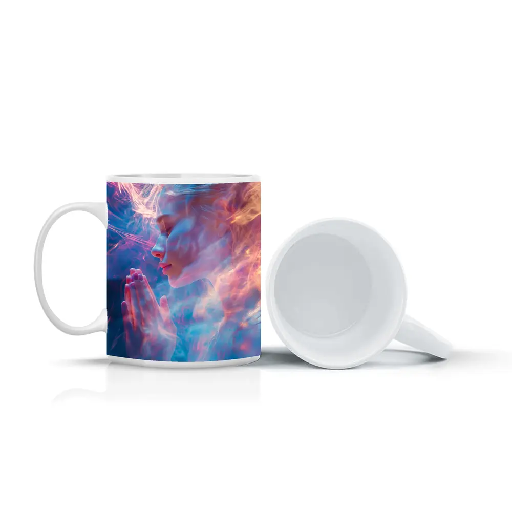 Woman Praying Soft Pink Blue Mystic Light – Mugs