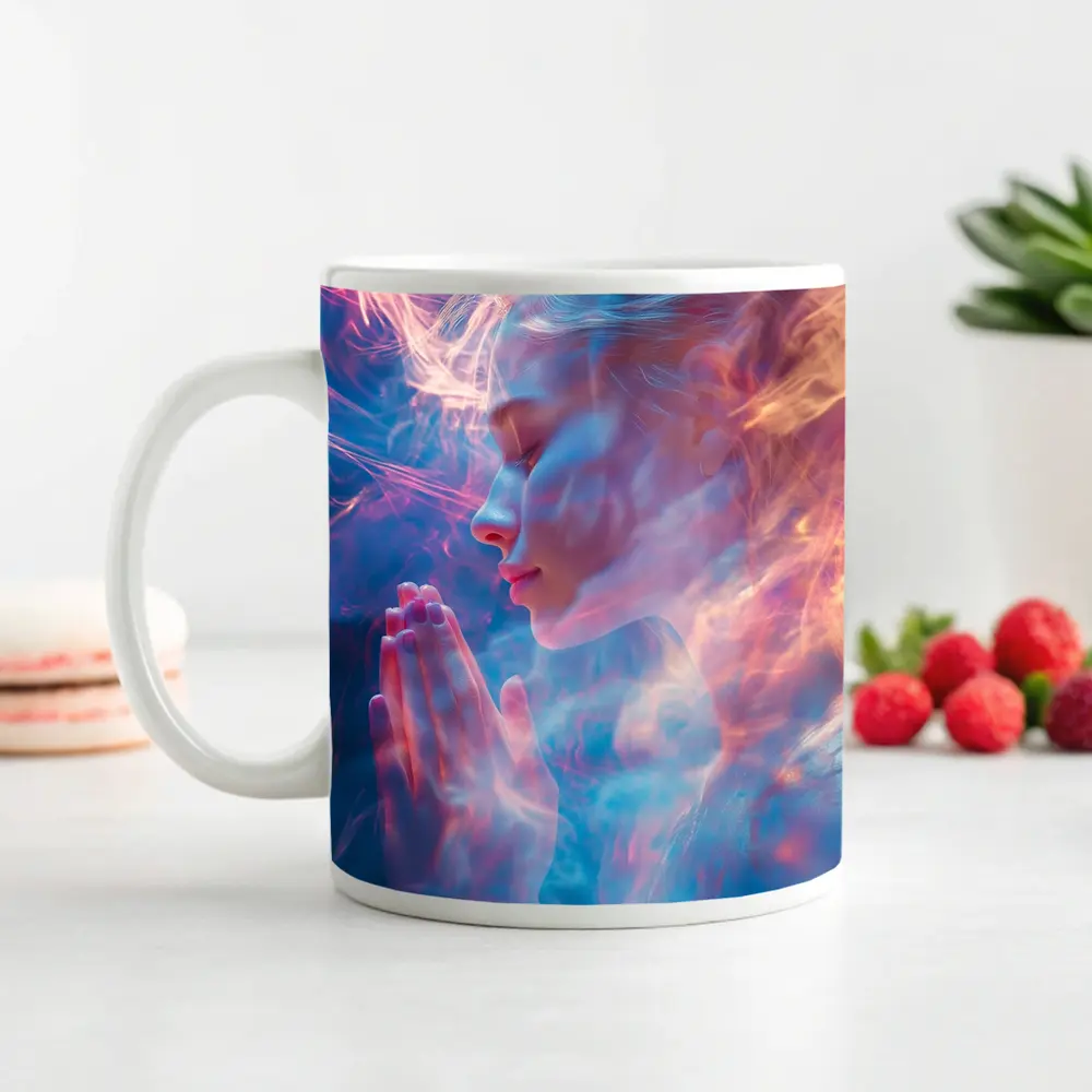 Woman Praying Soft Pink Blue Mystic Light – Mugs