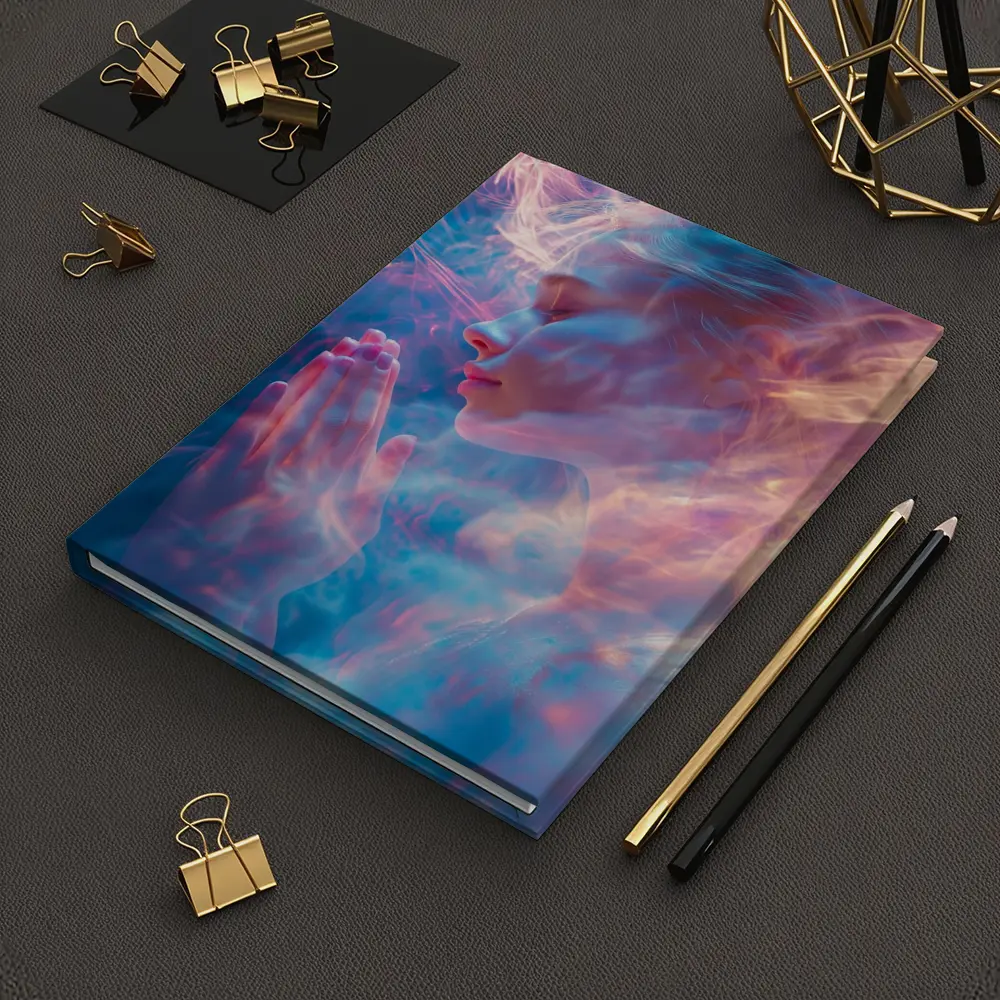 Woman Praying Soft Pink Blue Mystic Light – Notebooks