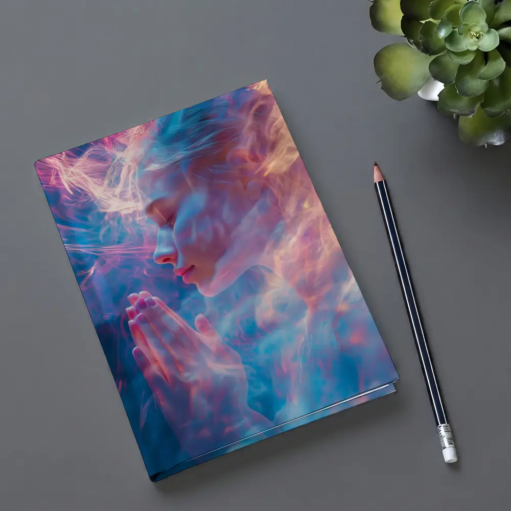 Woman Praying Soft Pink Blue Mystic Light – Notebooks