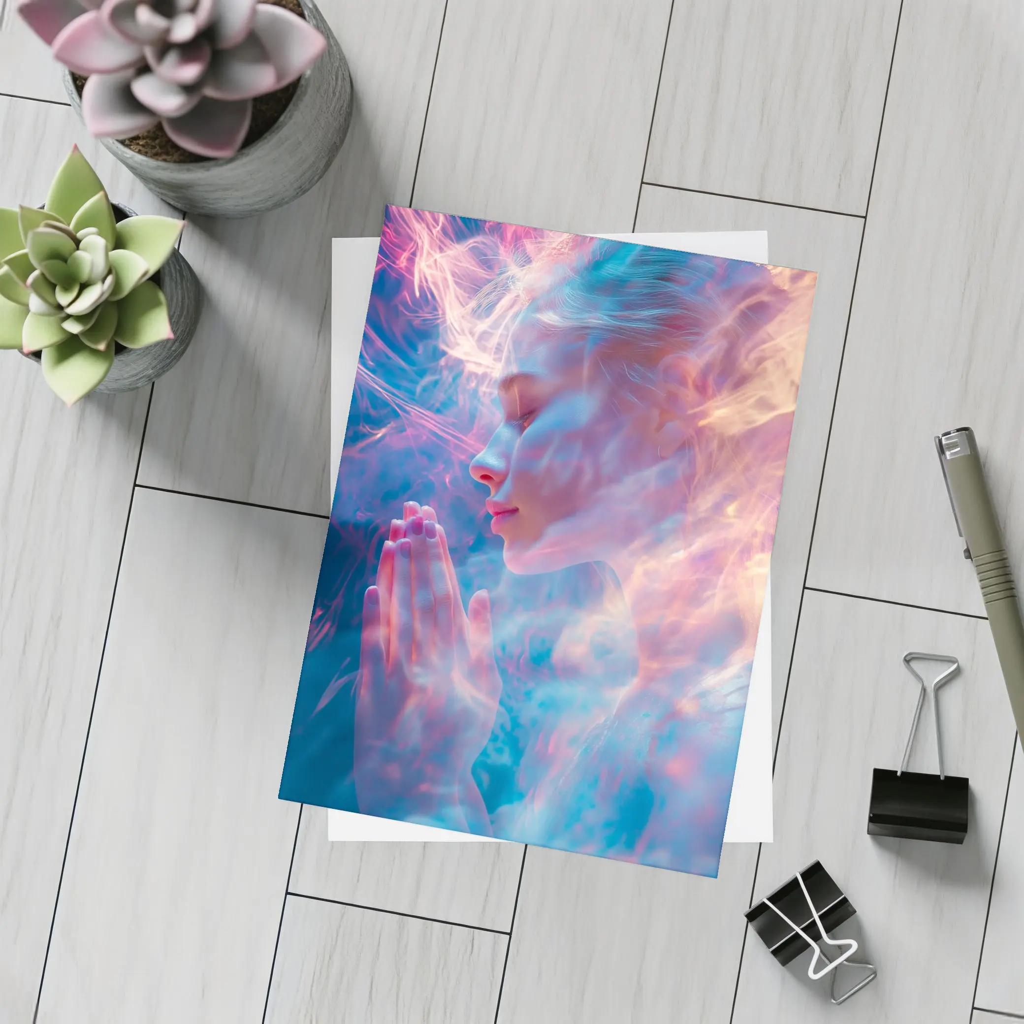 Woman Praying Soft Pink Blue Mystic Light – Postcards