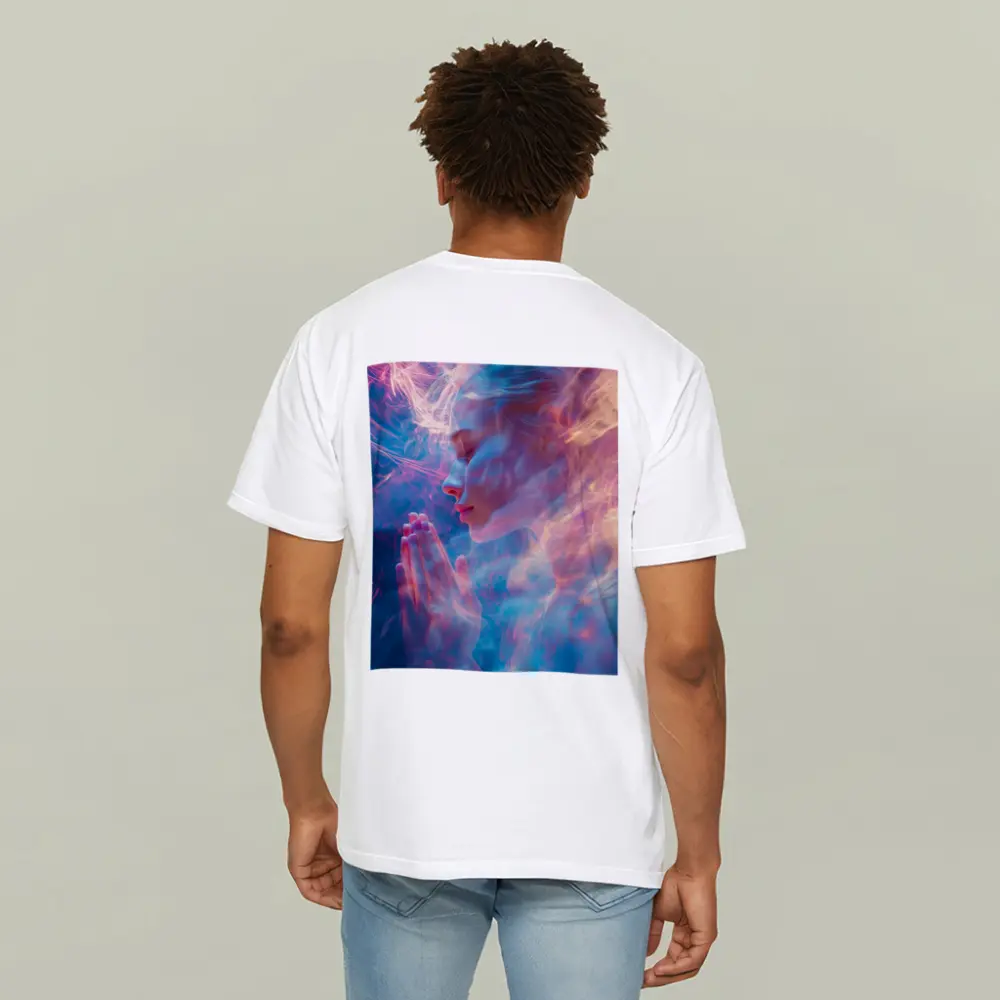 Woman Praying Soft Pink Blue Mystic Light – T-Shirts