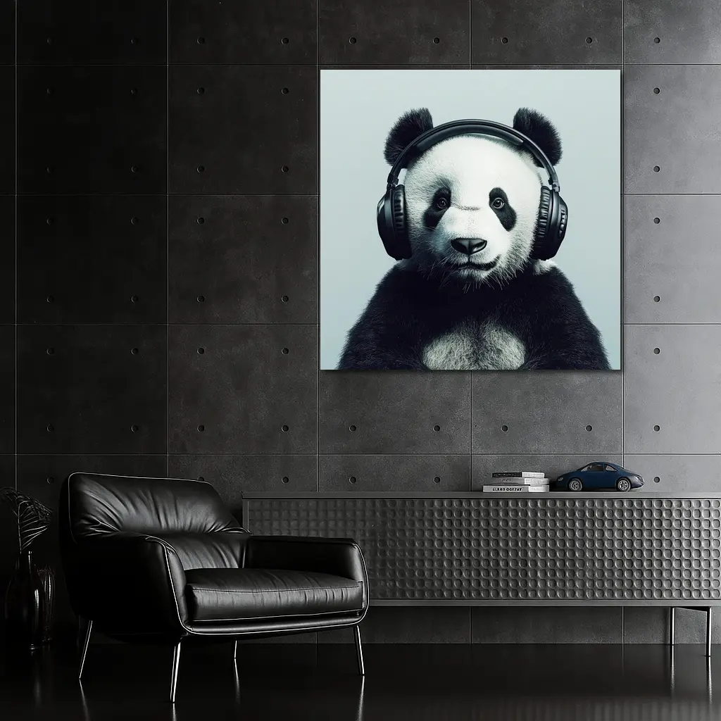 Panda Bear Wearing Headphones Gray Background – Wall Art