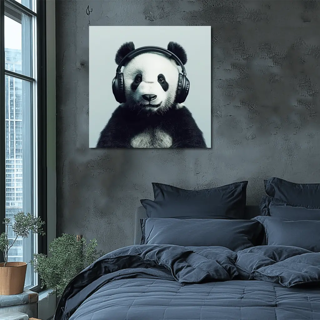 Panda Bear Wearing Headphones Gray Background – Wall Art
