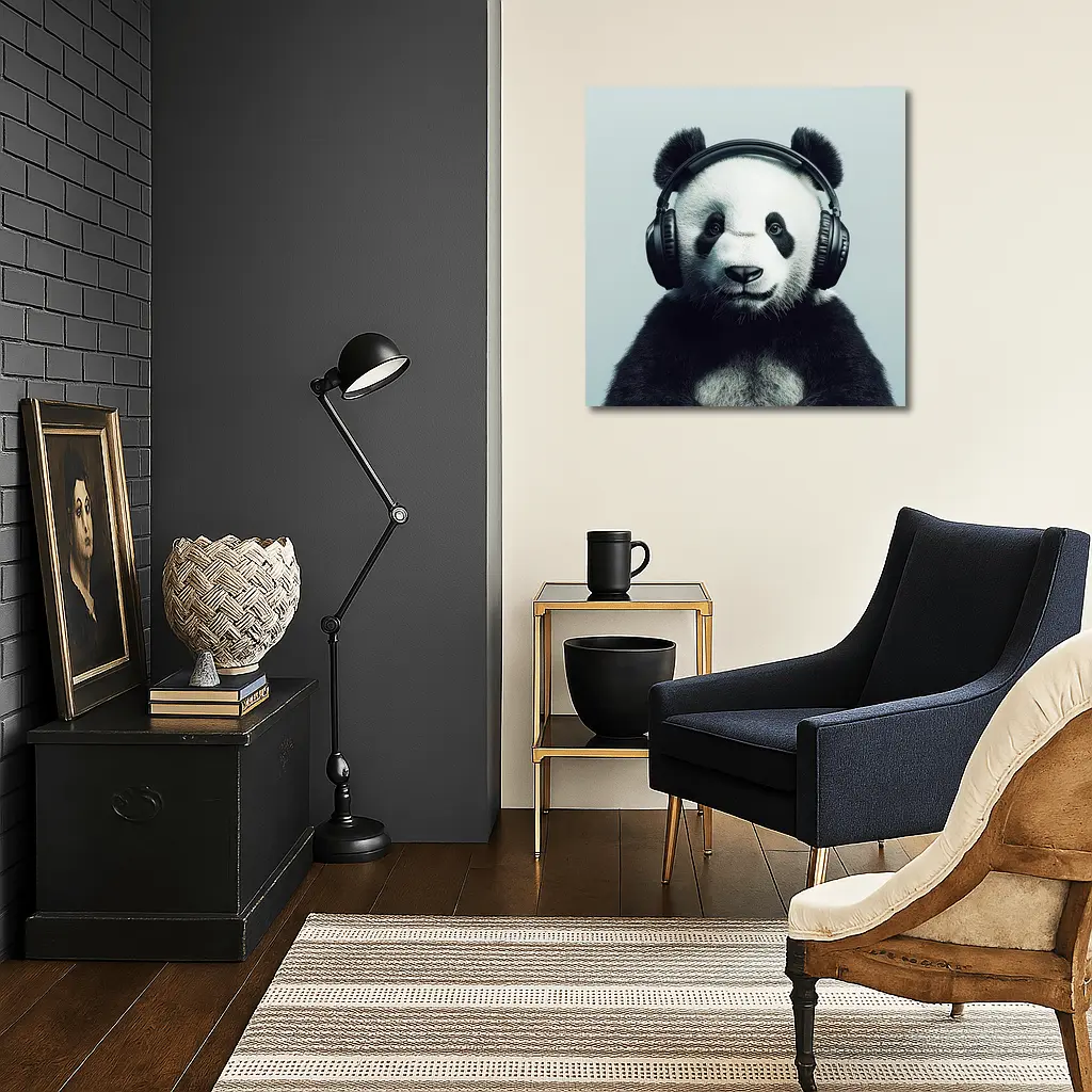 Panda Bear Wearing Headphones Gray Background – Wall Art