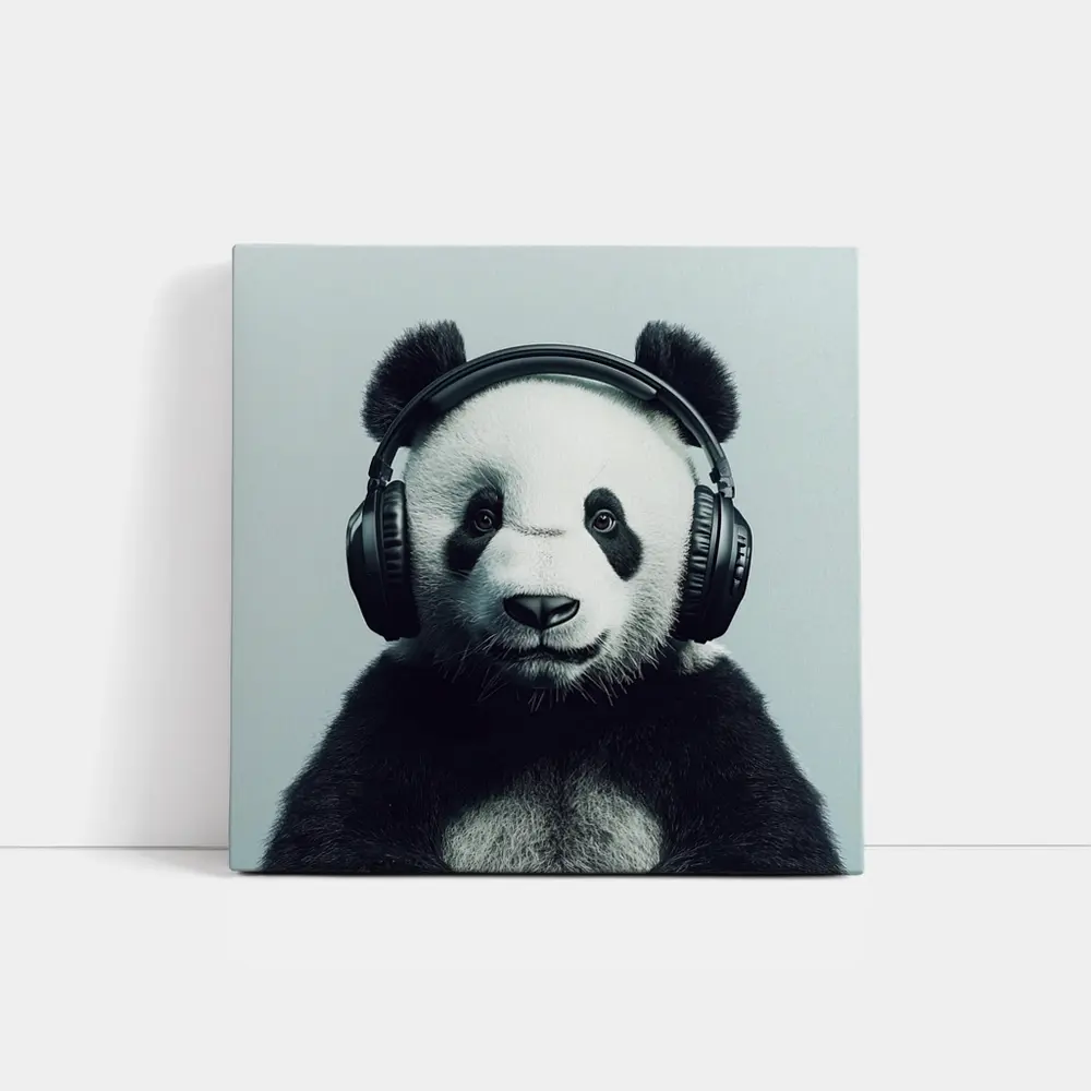 Panda Bear Wearing Headphones Gray Background – Wall Art