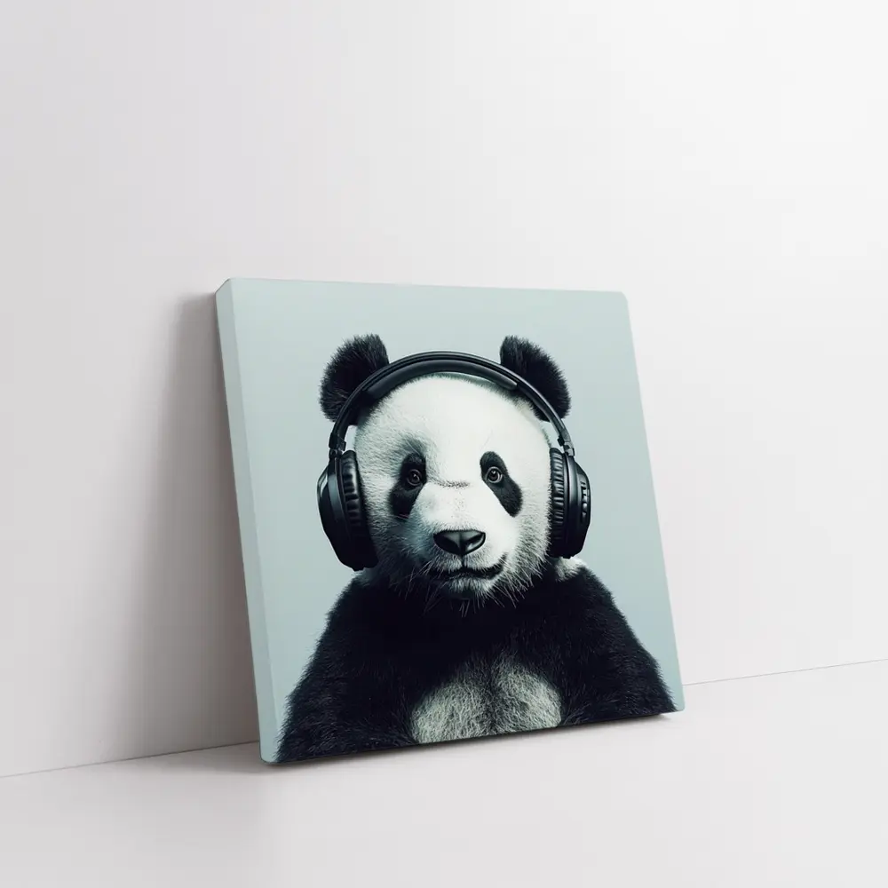 Panda Bear Wearing Headphones Gray Background – Wall Art