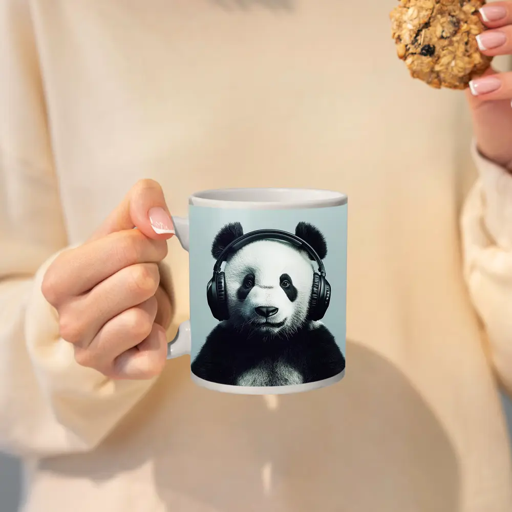 Panda Bear Wearing Headphones Gray Background – Mugs