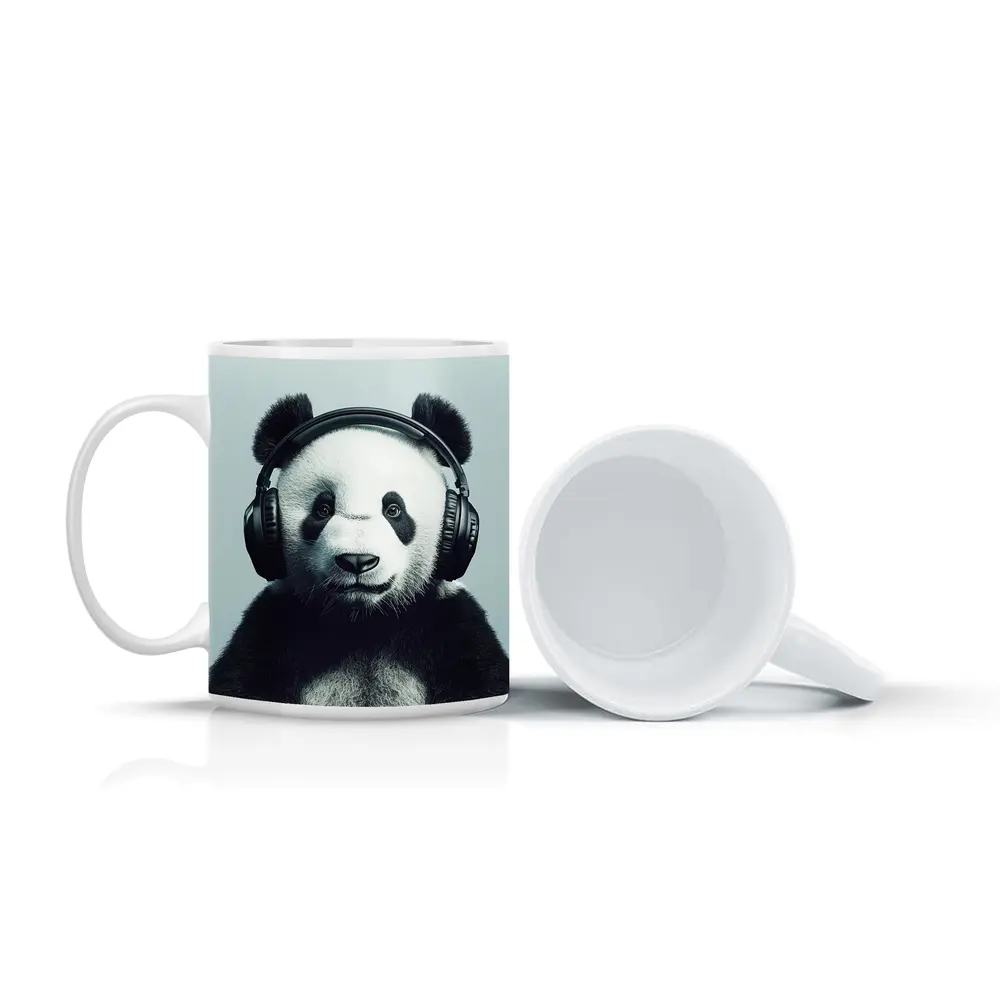 Panda Bear Wearing Headphones Gray Background – Mugs