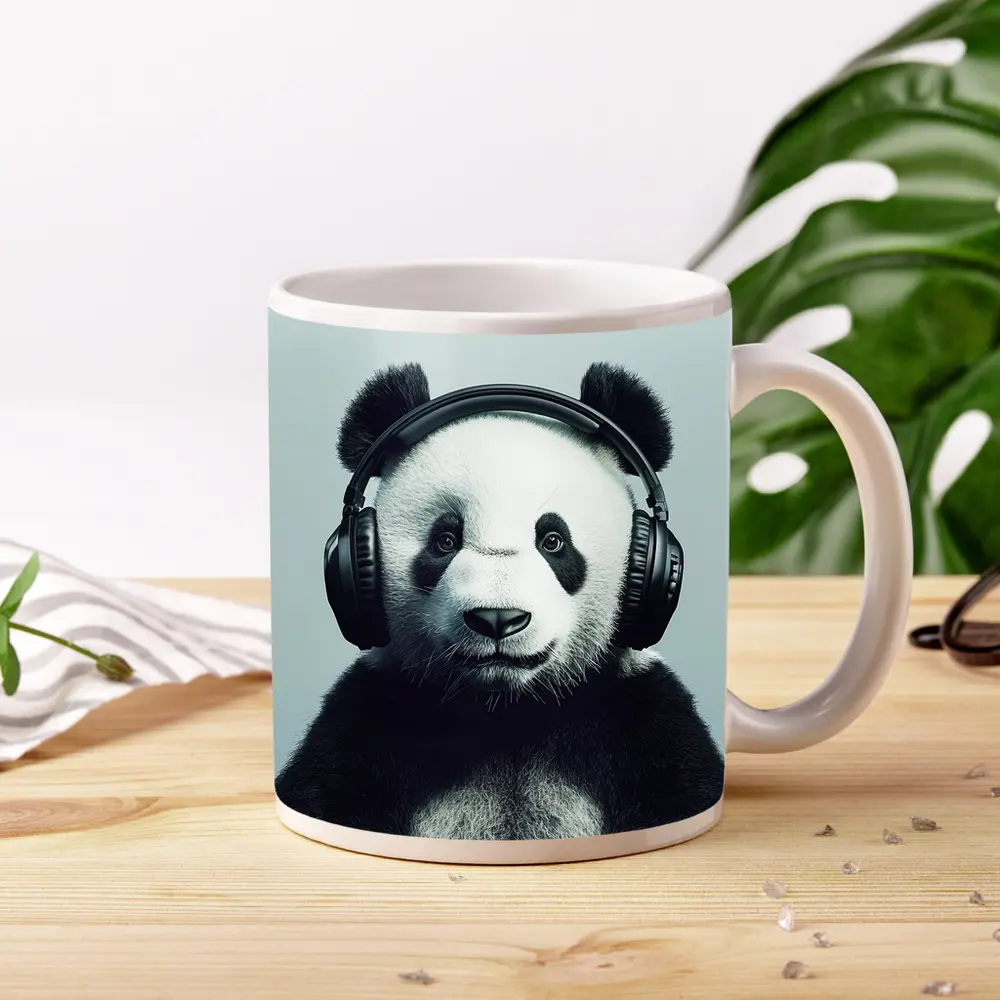 Panda Bear Wearing Headphones Gray Background – Mugs