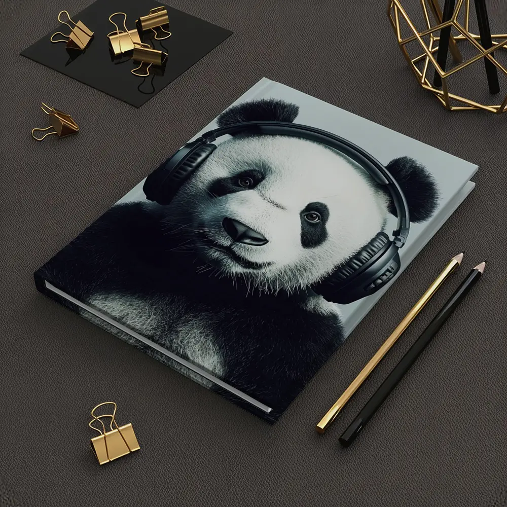 Panda Bear Wearing Headphones Gray Background – Notebooks