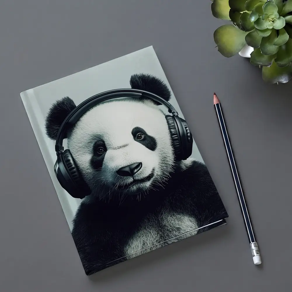 Panda Bear Wearing Headphones Gray Background – Notebooks