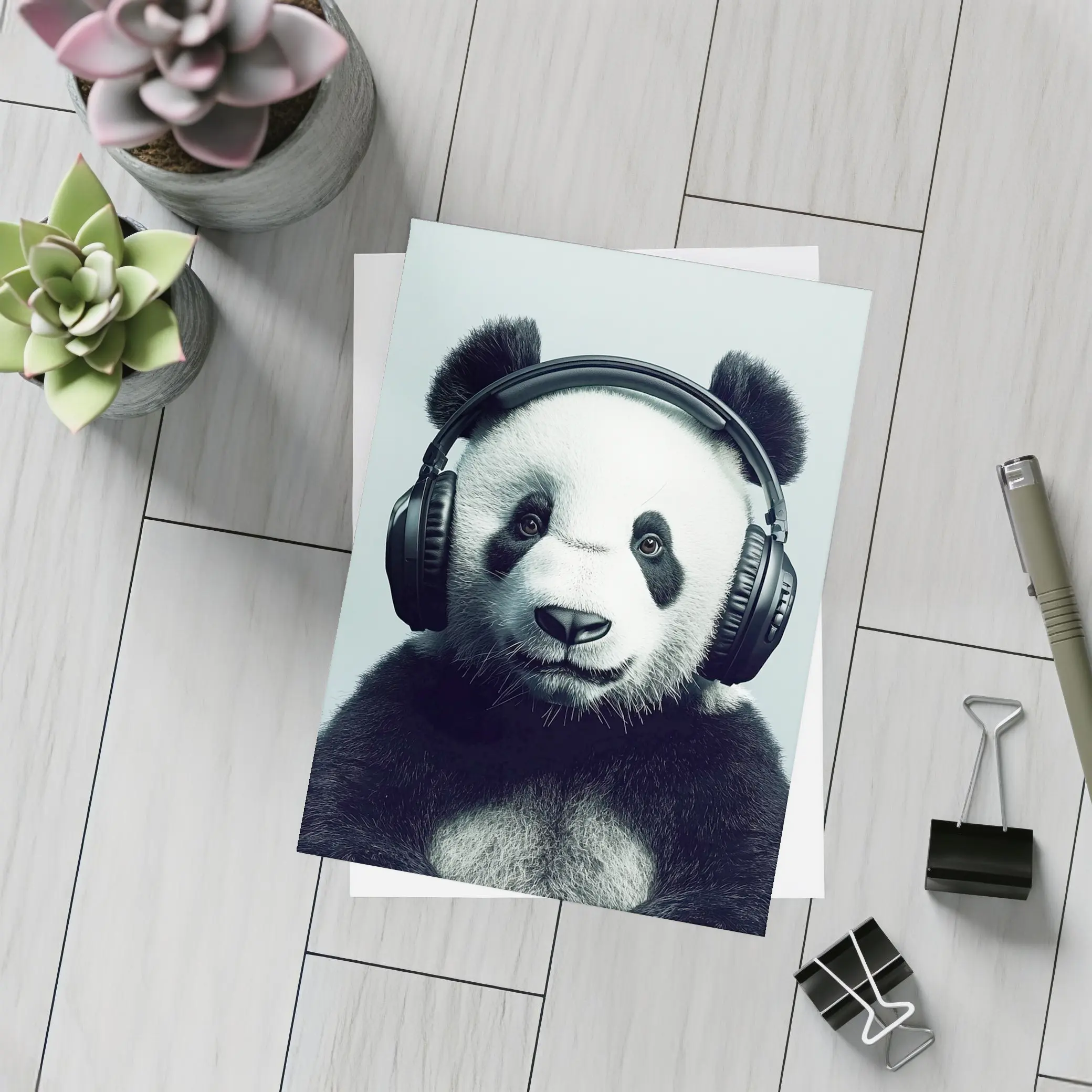 Panda Bear Wearing Headphones Gray Background – Postcards