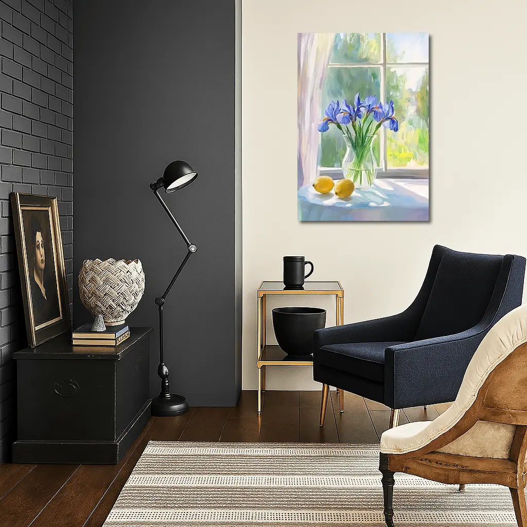 Blue Iris Flowers Vase Window Oil Painting – Wall Art