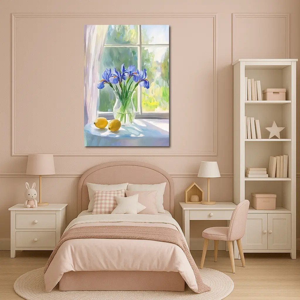 Blue Iris Flowers Vase Window Oil Painting – Wall Art
