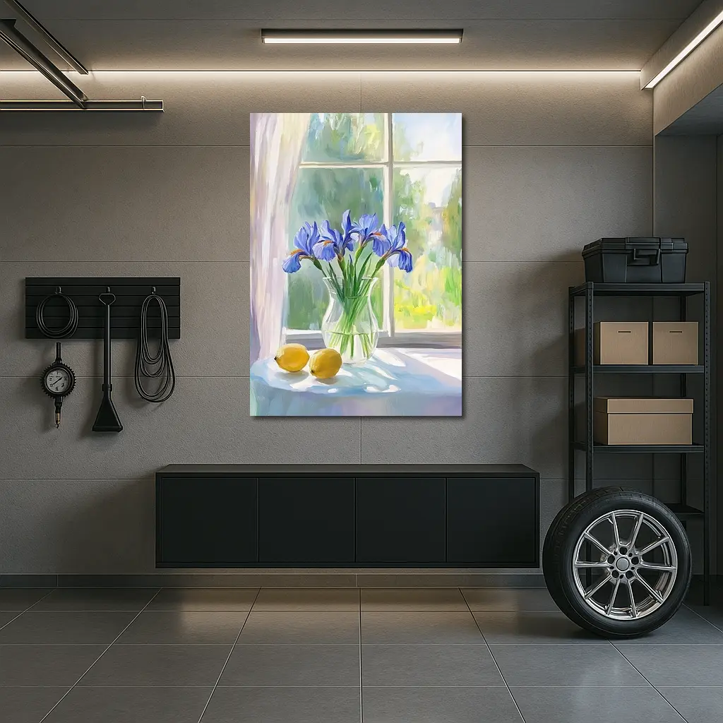 Blue Iris Flowers Vase Window Oil Painting – Wall Art