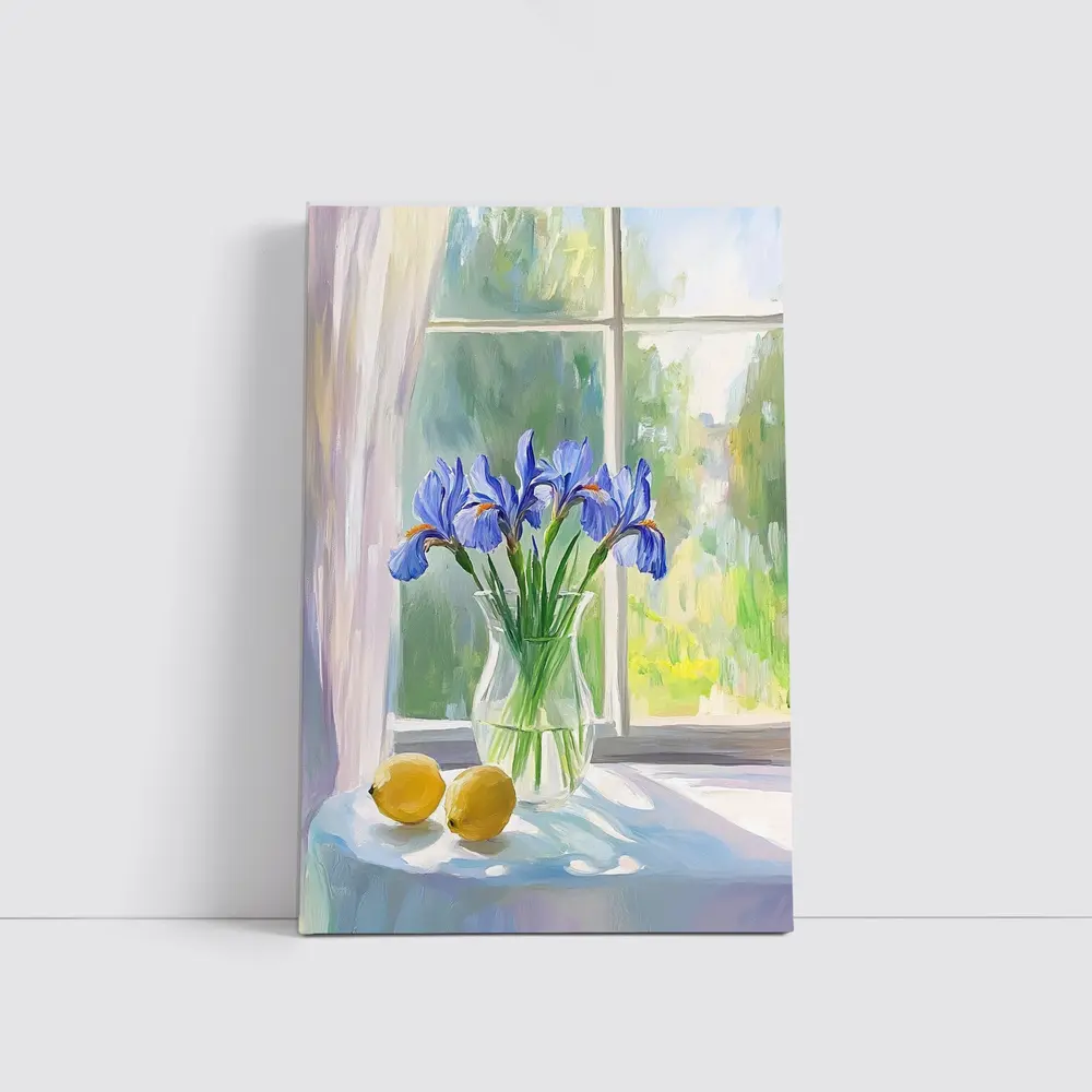 Blue Iris Flowers Vase Window Oil Painting – Wall Art