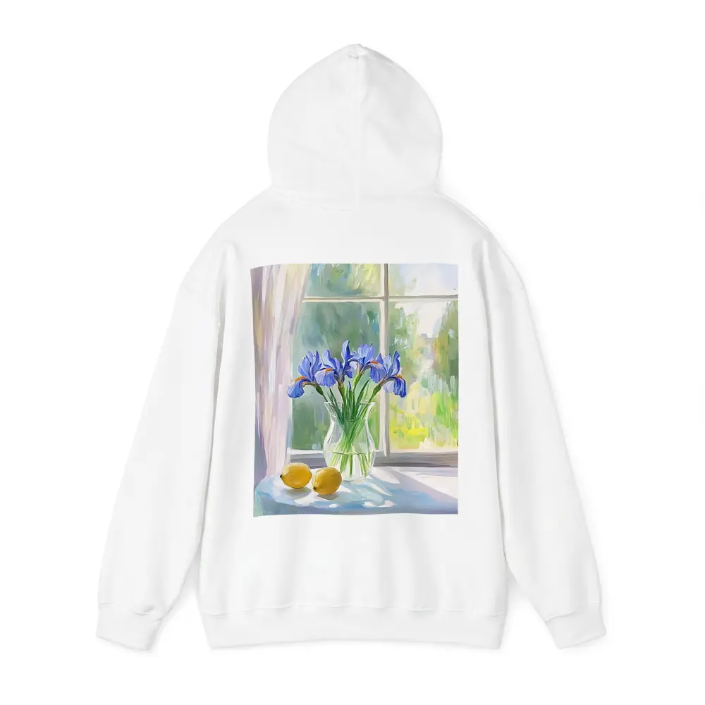 Blue Iris Flowers Vase Window Oil Painting – Hoodies