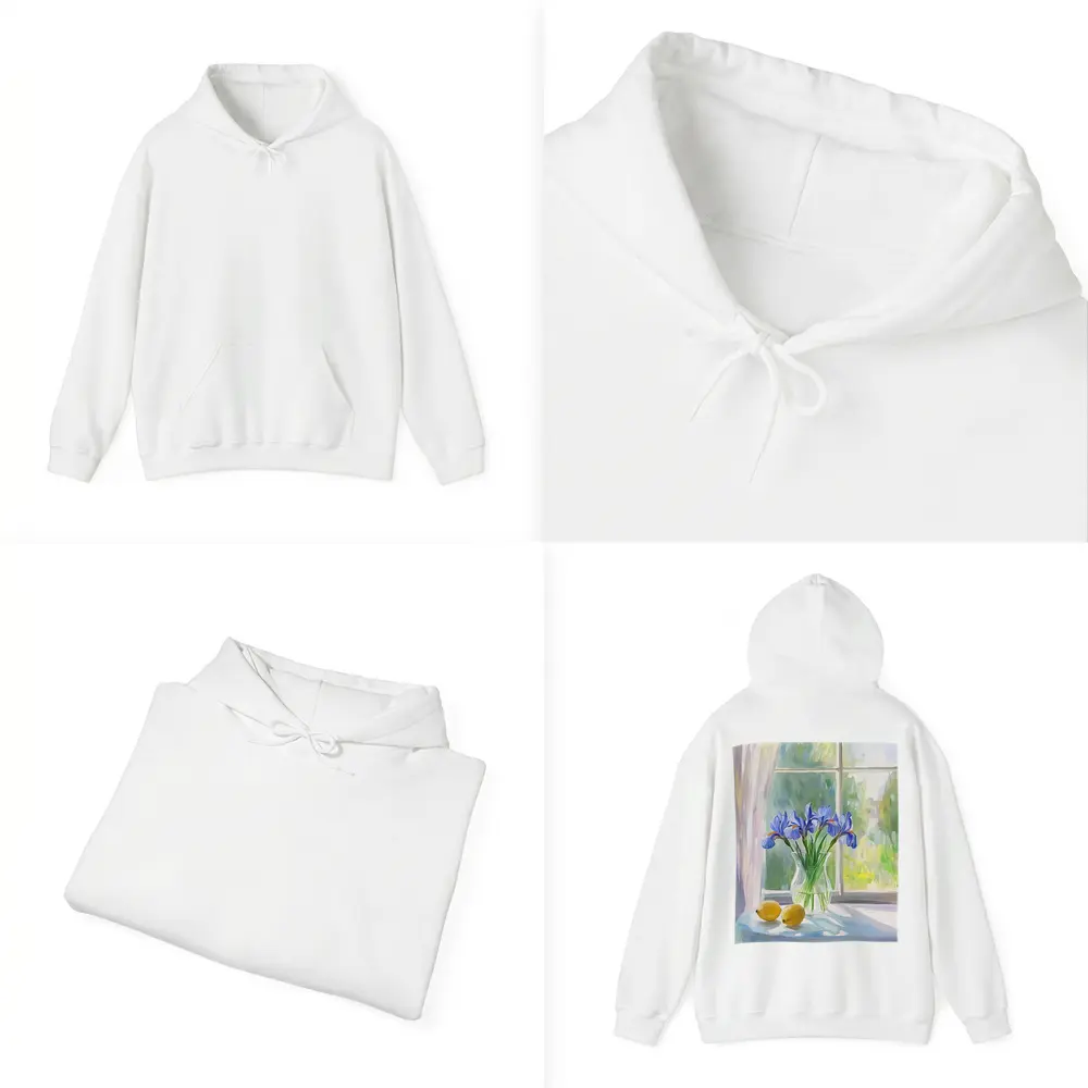 Blue Iris Flowers Vase Window Oil Painting – Hoodies