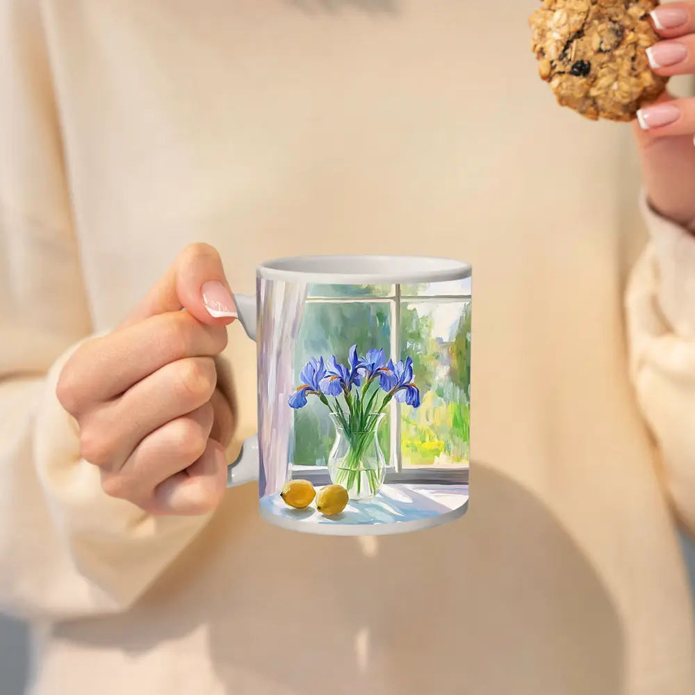 Blue Iris Flowers Vase Window Oil Painting – Mugs