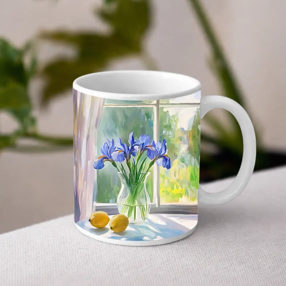 Blue Iris Flowers Vase Window Oil Painting – Mugs