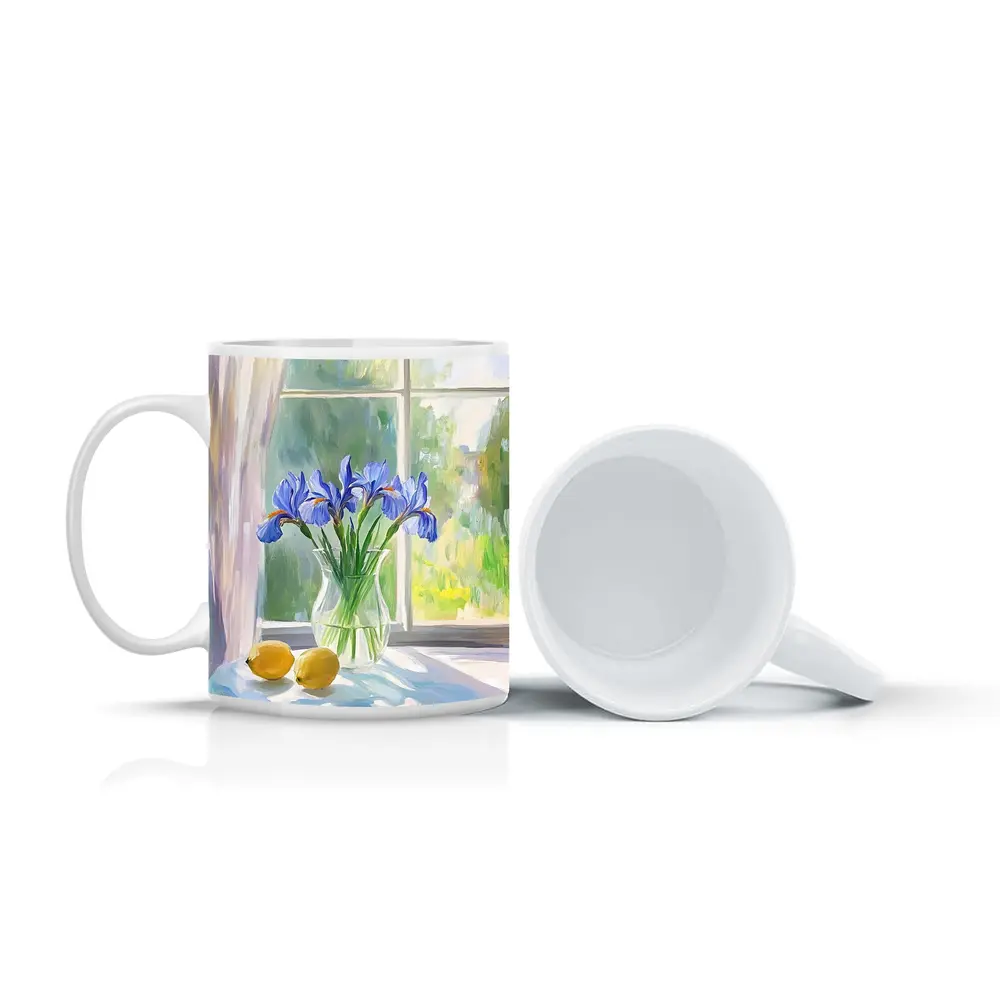 Blue Iris Flowers Vase Window Oil Painting – Mugs
