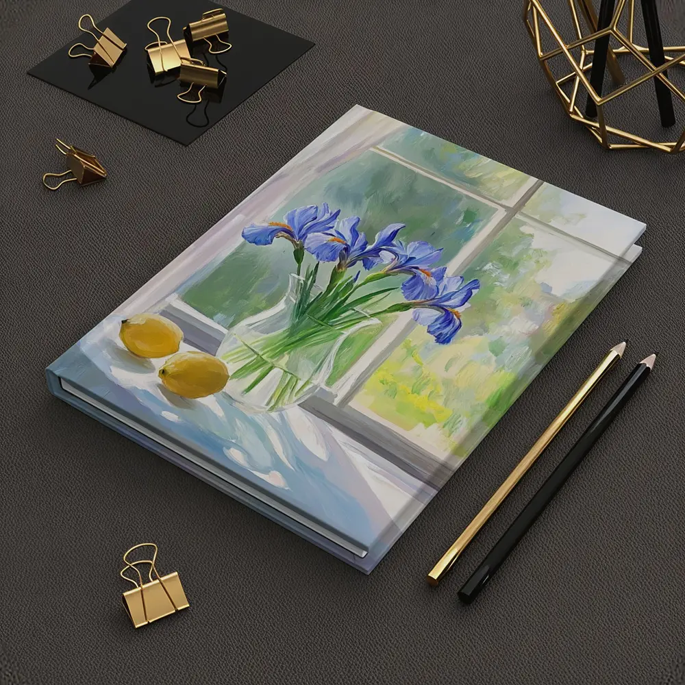 Blue Iris Flowers Vase Window Oil Painting – Notebooks
