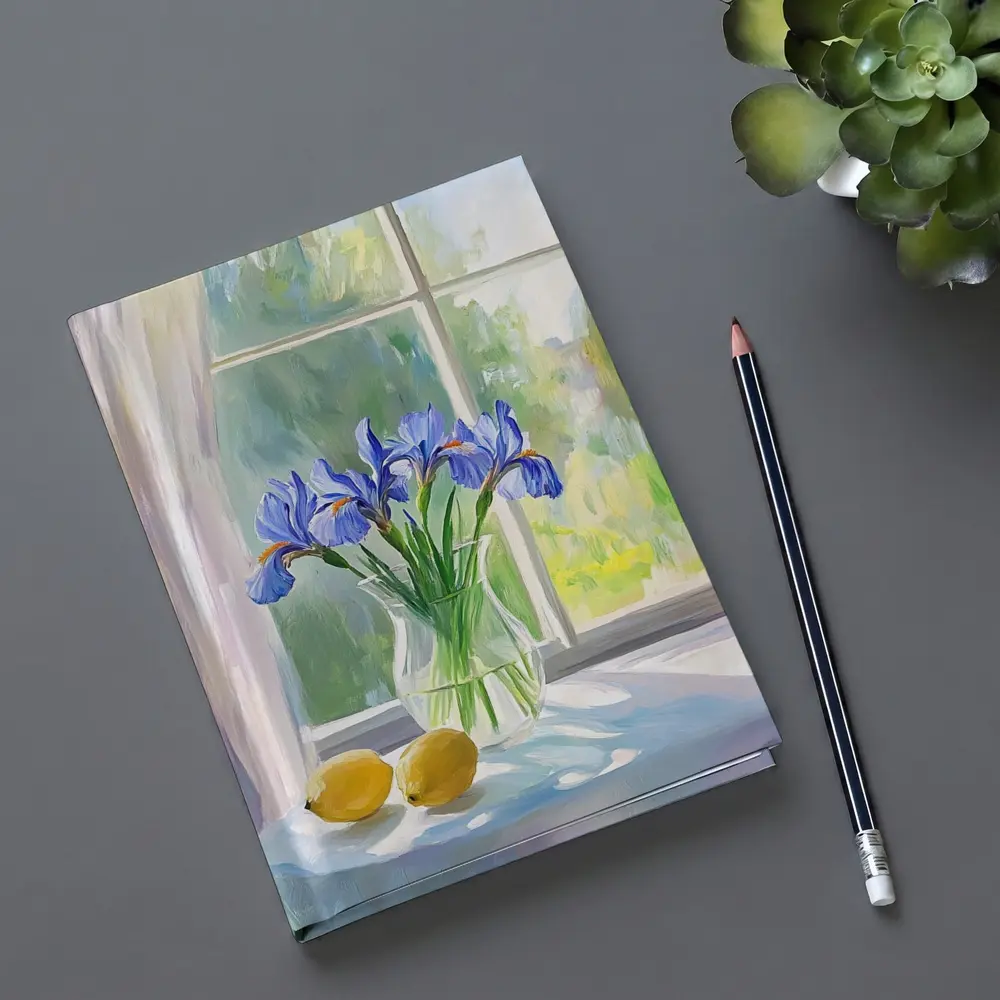 Blue Iris Flowers Vase Window Oil Painting – Notebooks