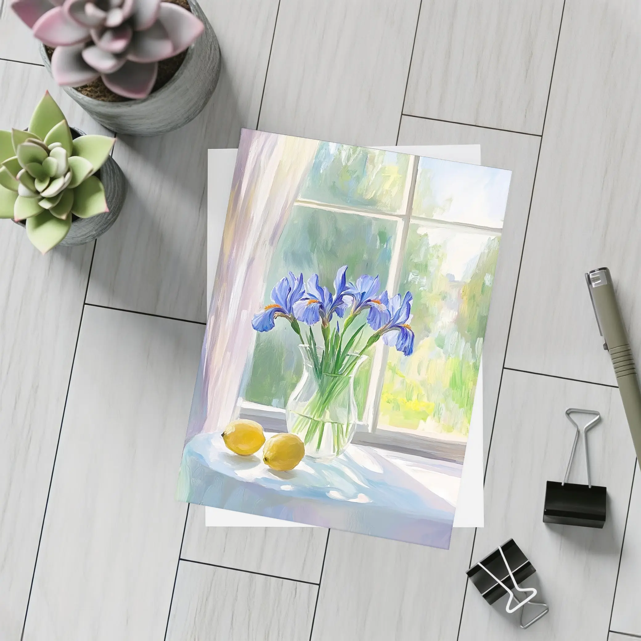 Blue Iris Flowers Vase Window Oil Painting – Postcards