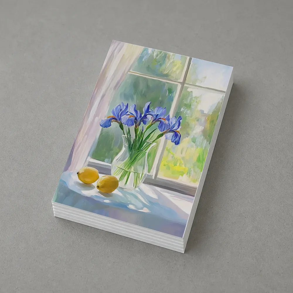 Blue Iris Flowers Vase Window Oil Painting – Postcards