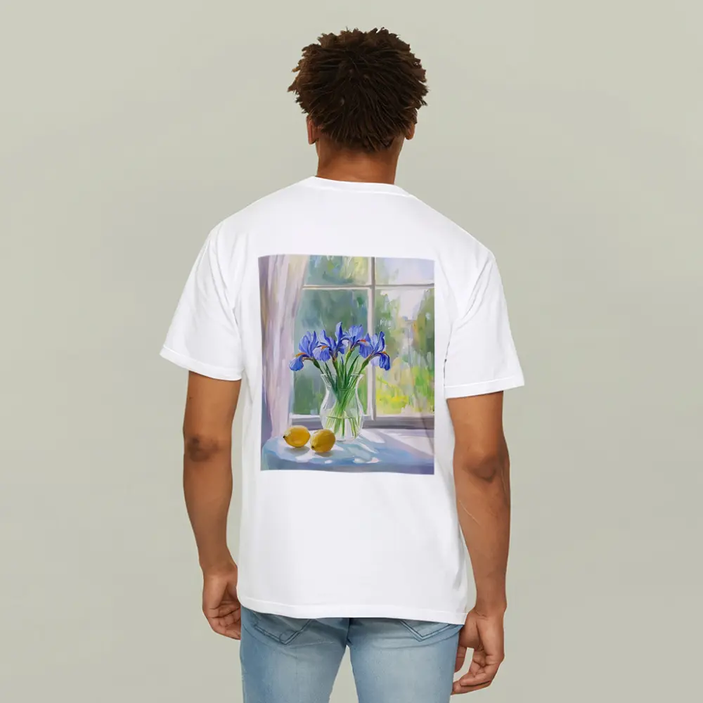 Blue Iris Flowers Vase Window Oil Painting – T-Shirts