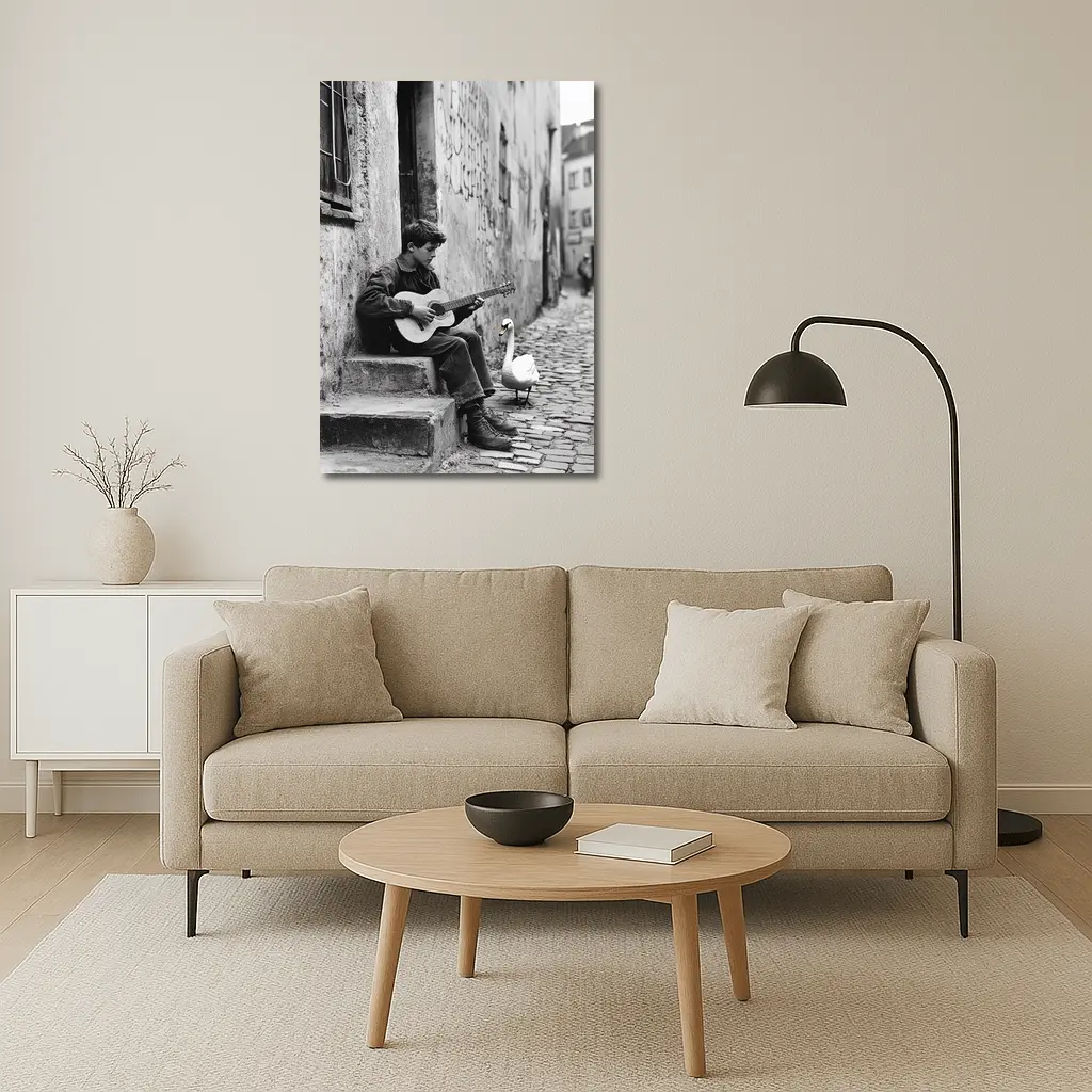Boy Playing Guitar Cobblestone Alley Swan – Wall Art