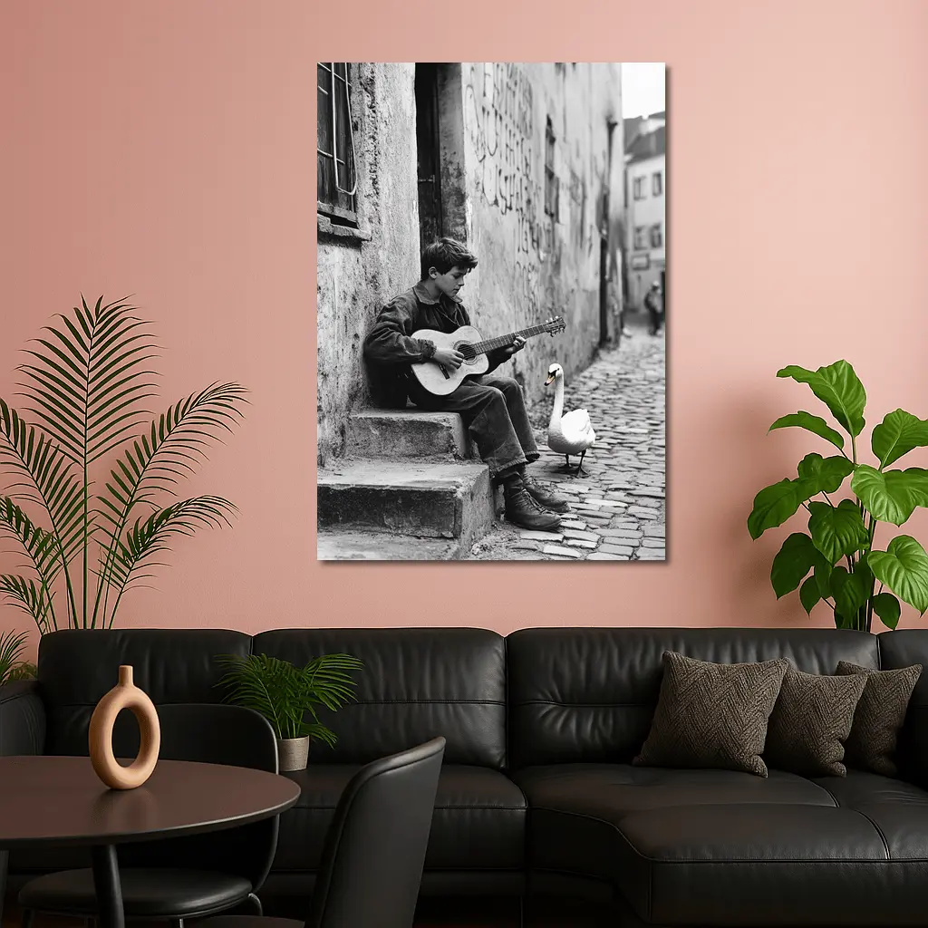 Boy Playing Guitar Cobblestone Alley Swan – Wall Art