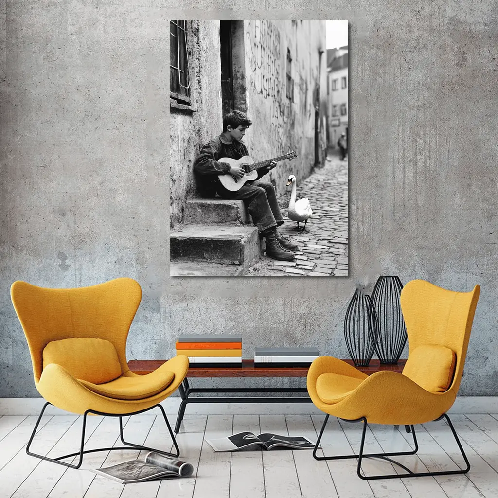 Boy Playing Guitar Cobblestone Alley Swan – Wall Art