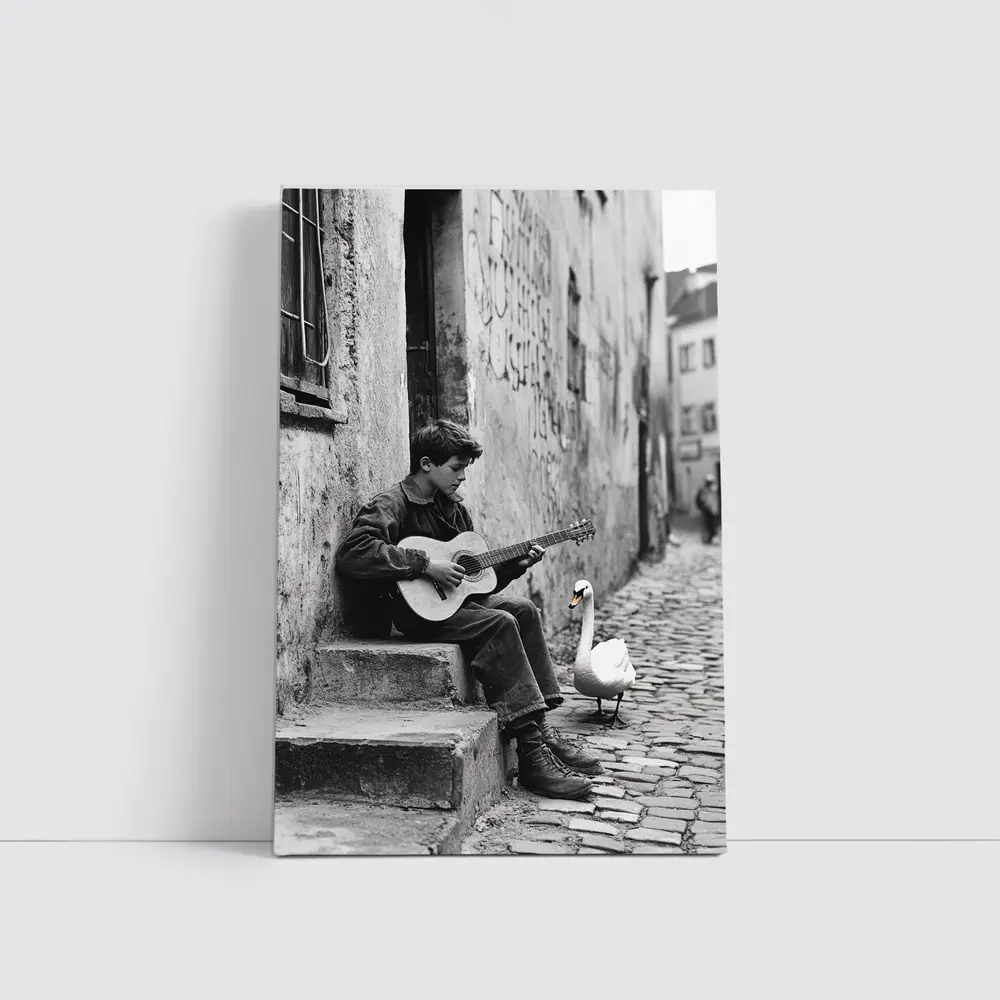 Boy Playing Guitar Cobblestone Alley Swan – Wall Art
