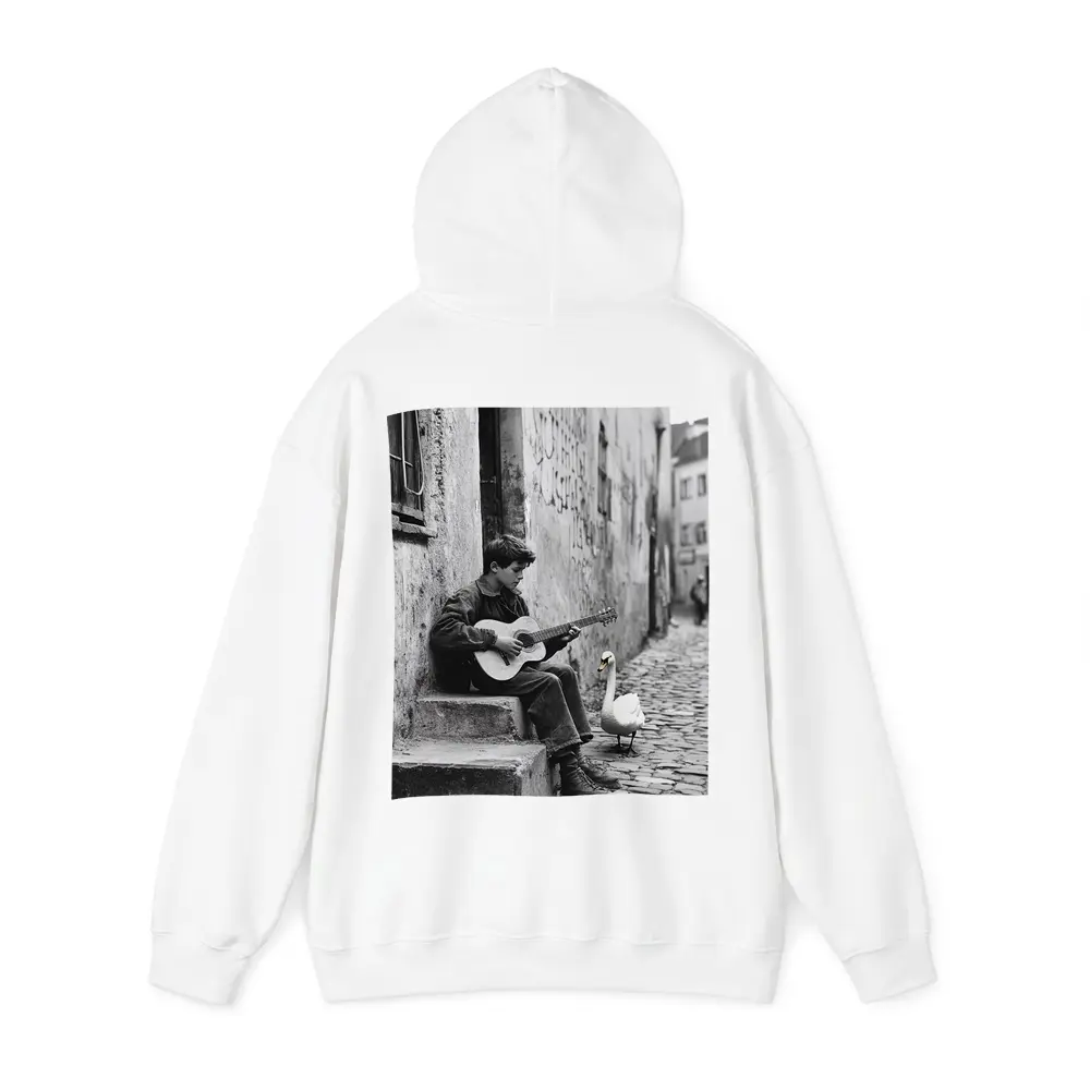 Boy Playing Guitar Cobblestone Alley Swan – Hoodies