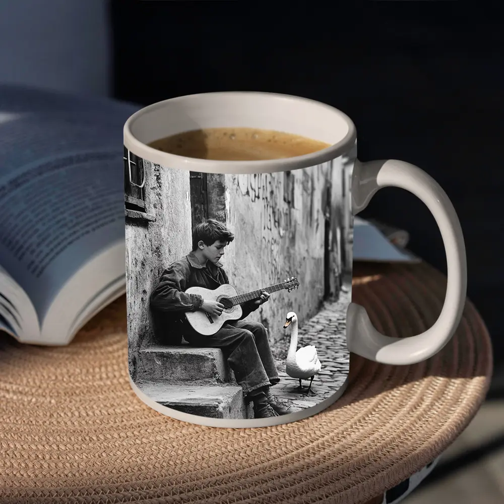 Boy Playing Guitar Cobblestone Alley Swan – Mugs