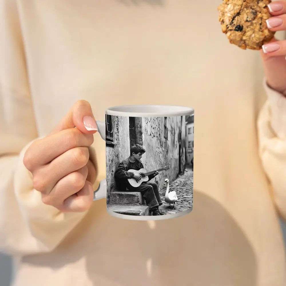 Boy Playing Guitar Cobblestone Alley Swan – Mugs