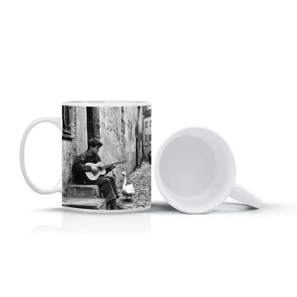 Boy Playing Guitar Cobblestone Alley Swan – Mugs