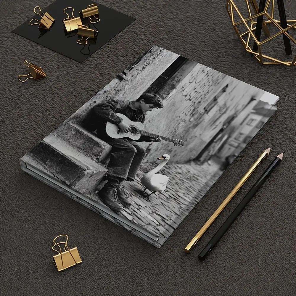 Boy Playing Guitar Cobblestone Alley Swan – Notebooks