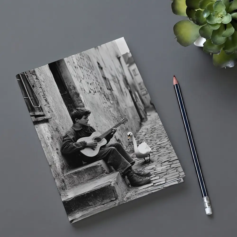 Boy Playing Guitar Cobblestone Alley Swan – Notebooks