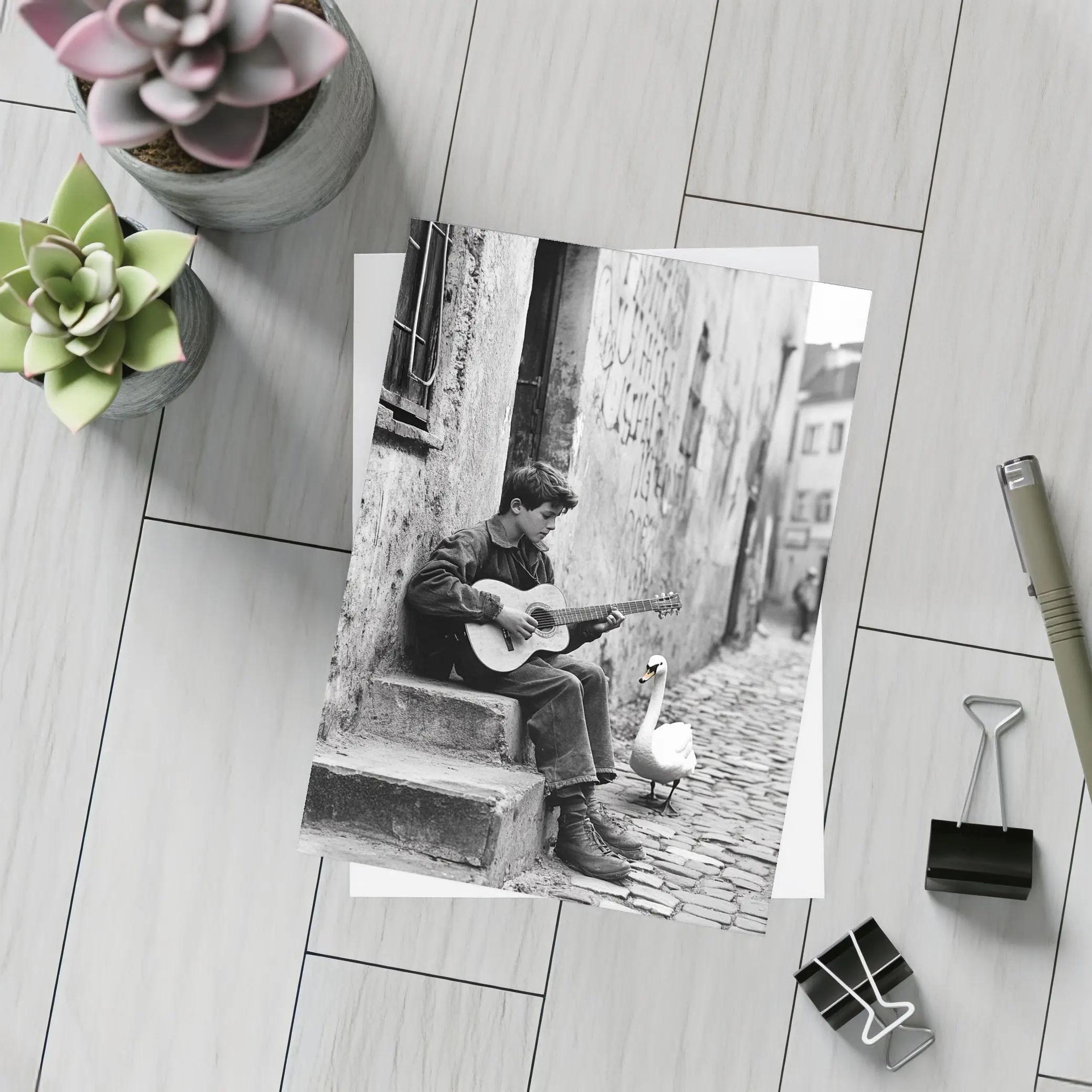 Boy Playing Guitar Cobblestone Alley Swan – Postcards