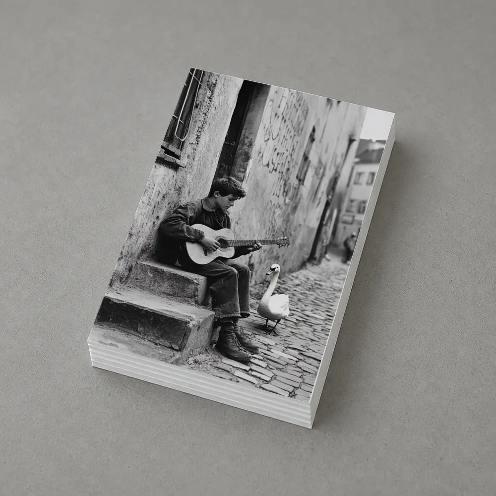 Boy Playing Guitar Cobblestone Alley Swan – Postcards