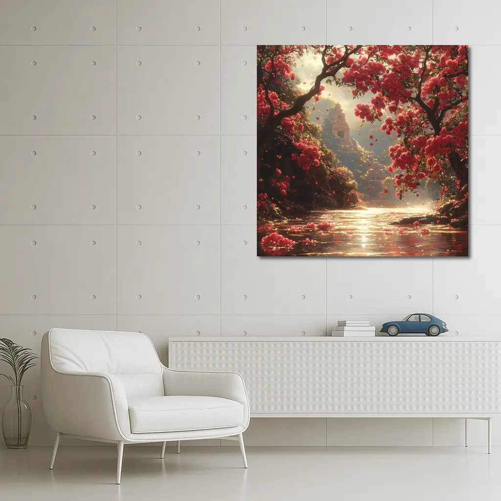 Red Flowers River Ancient Temple Fantasy – Wall Art