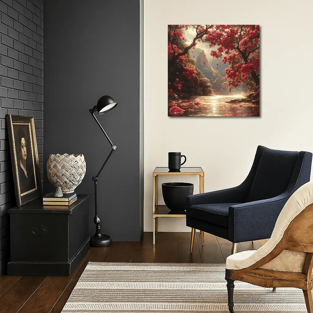 Red Flowers River Ancient Temple Fantasy – Wall Art