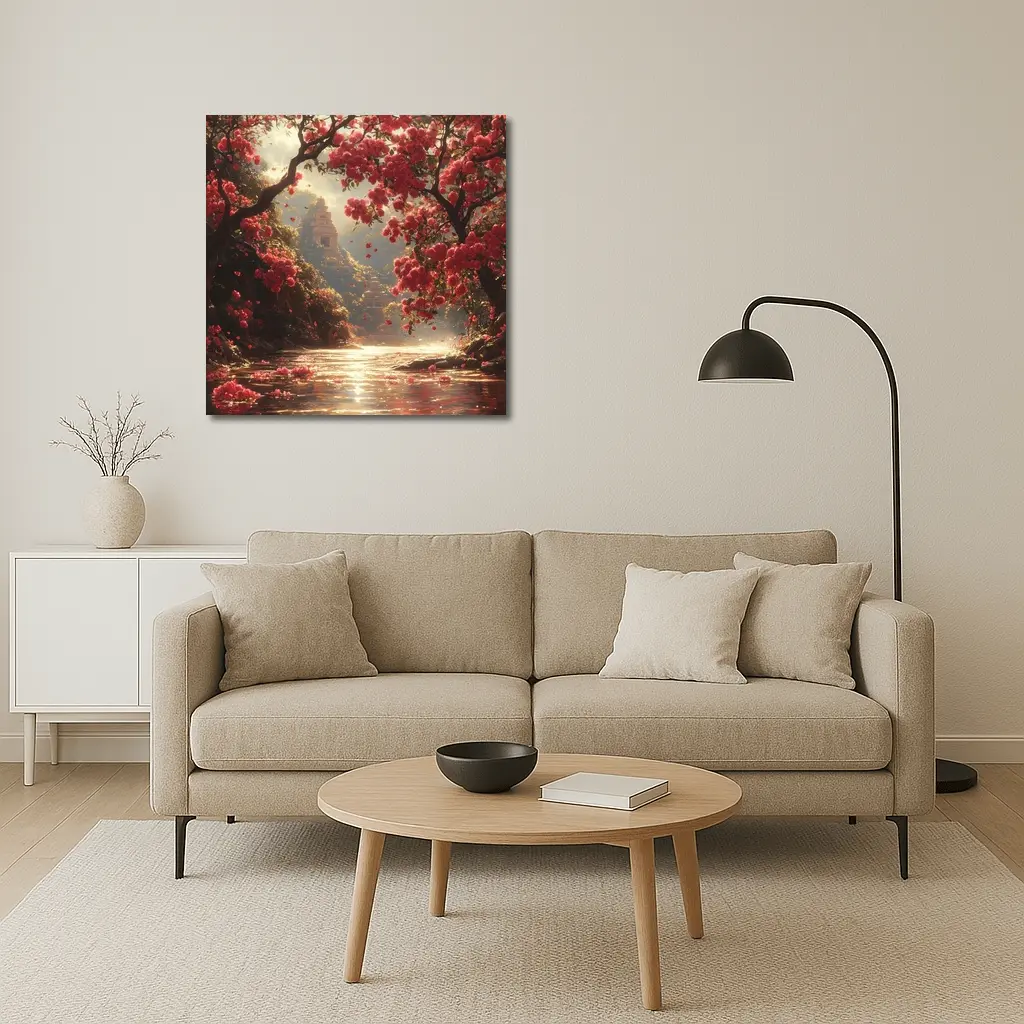 Red Flowers River Ancient Temple Fantasy – Wall Art