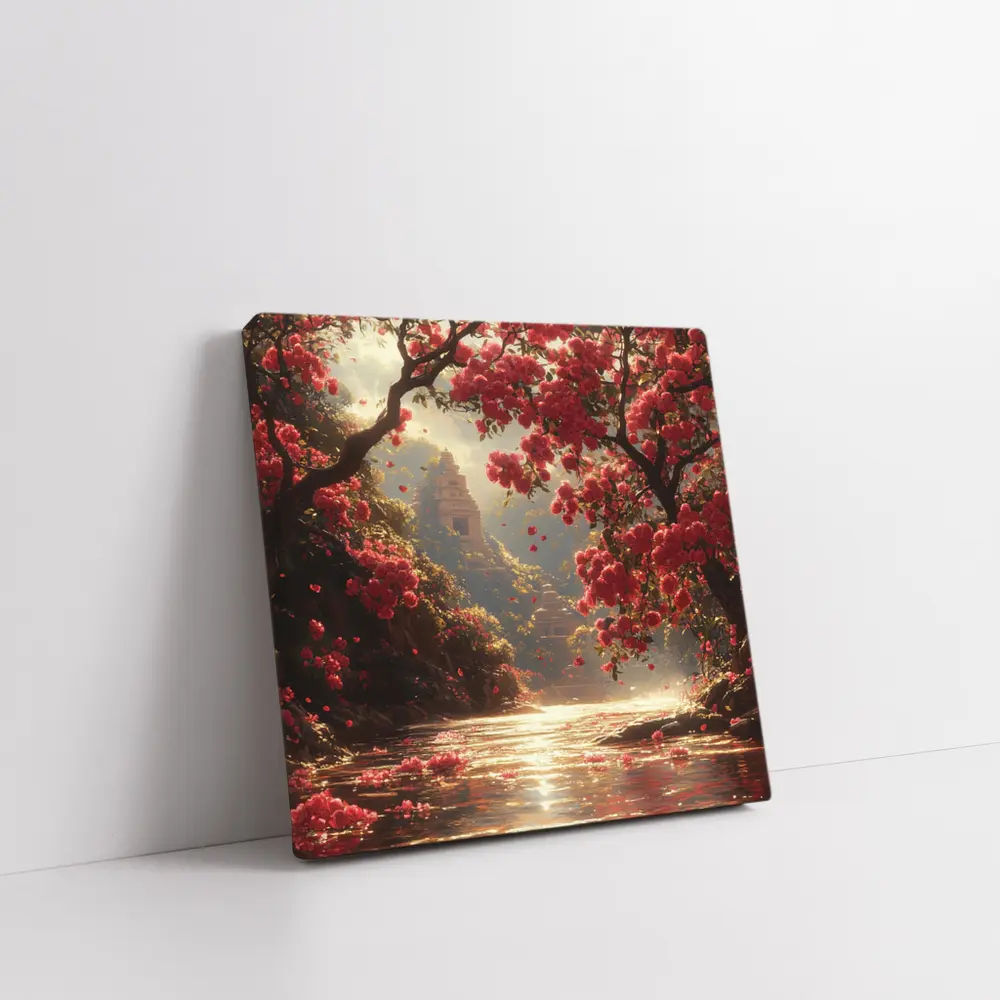 Red Flowers River Ancient Temple Fantasy – Wall Art